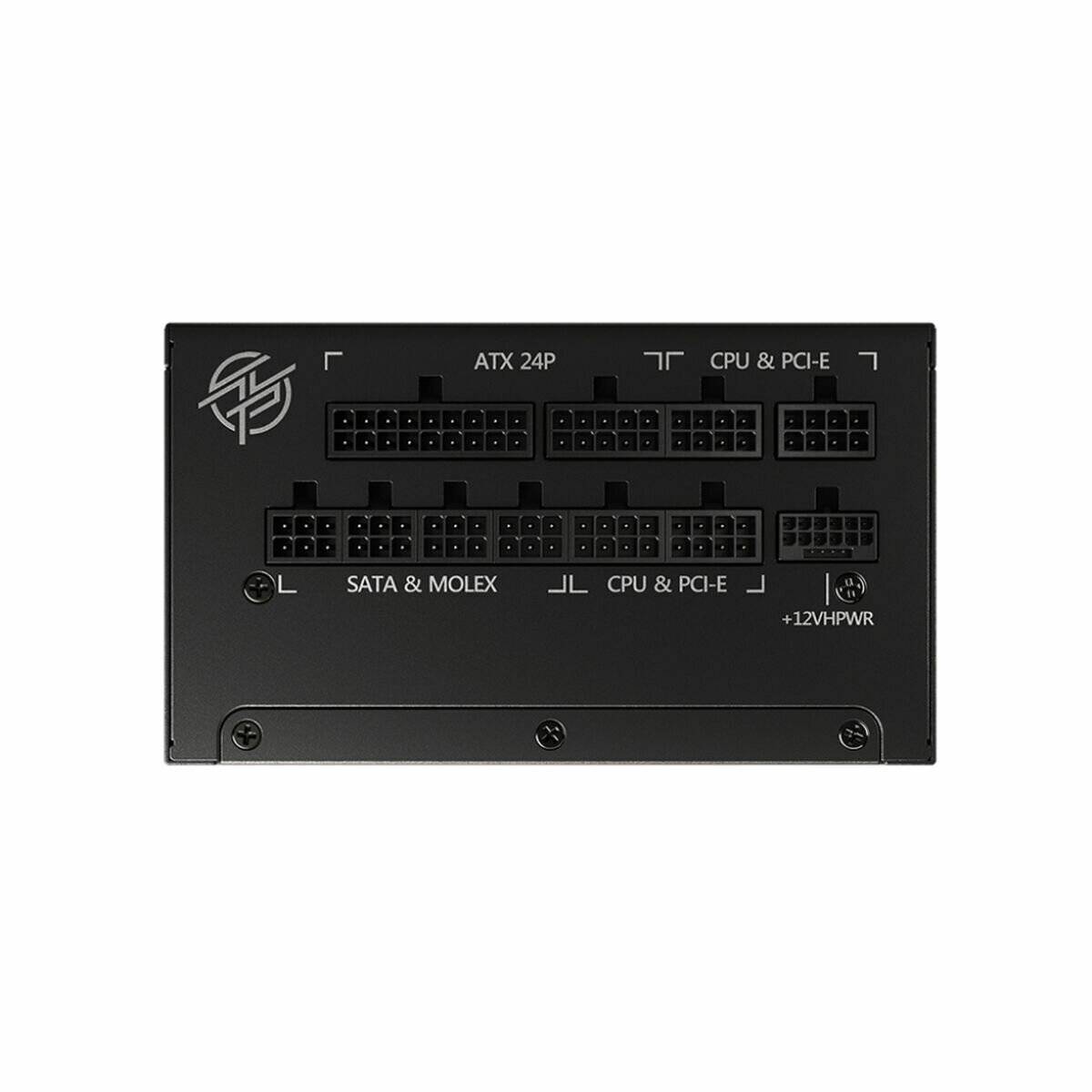 Schwarze modulare Stromversorgungstafel mit beschrifteten Anschlüssen für ATX 24P, CPU & PCI-E, SATA & MOLEX und +12VHPWR.