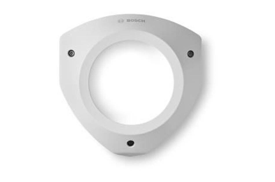 Weißes Bosch dreieckiges Sicherheitssensor-Gehäuse mit großer zentraler kreisförmiger Öffnung und drei sichtbaren Schrauben.
