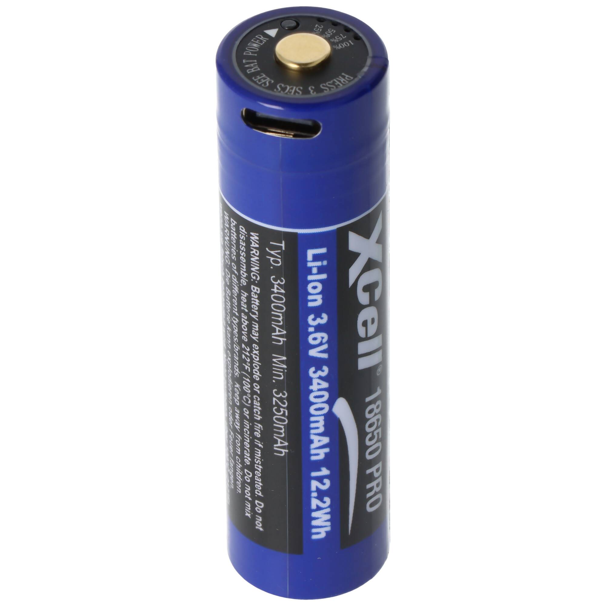 Pro 18650 Li-Ion Akku geschützter Li-Ion Akku, mit USB-C Ladebuchse, min. 3250mAh max. 3400mAh, 3,6 Volt, 71,1mm x 18,8m