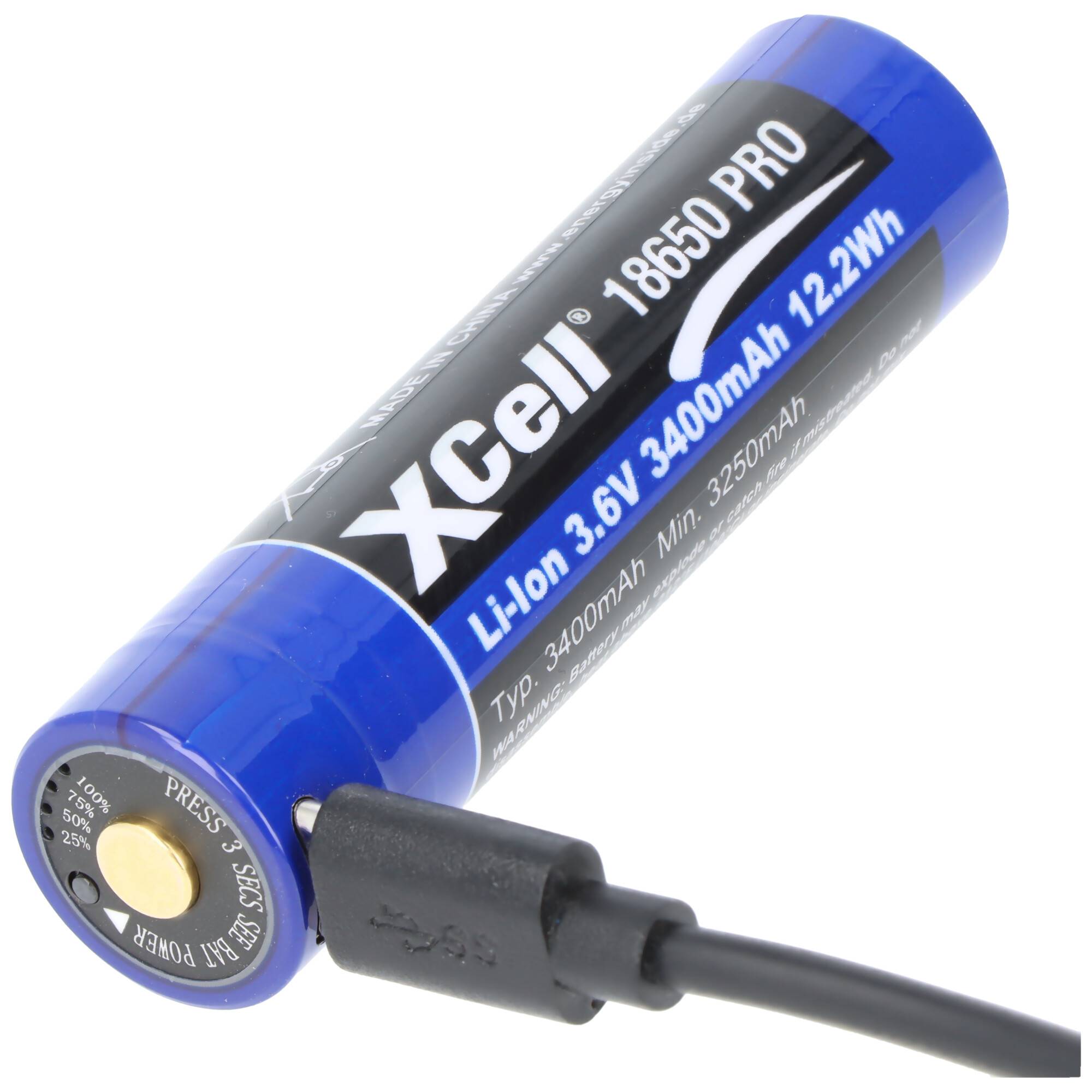 Pro 18650 Li-Ion Akku geschützter Li-Ion Akku, mit USB-C Ladebuchse, min. 3250mAh max. 3400mAh, 3,6 Volt, 71,1mm x 18,8m