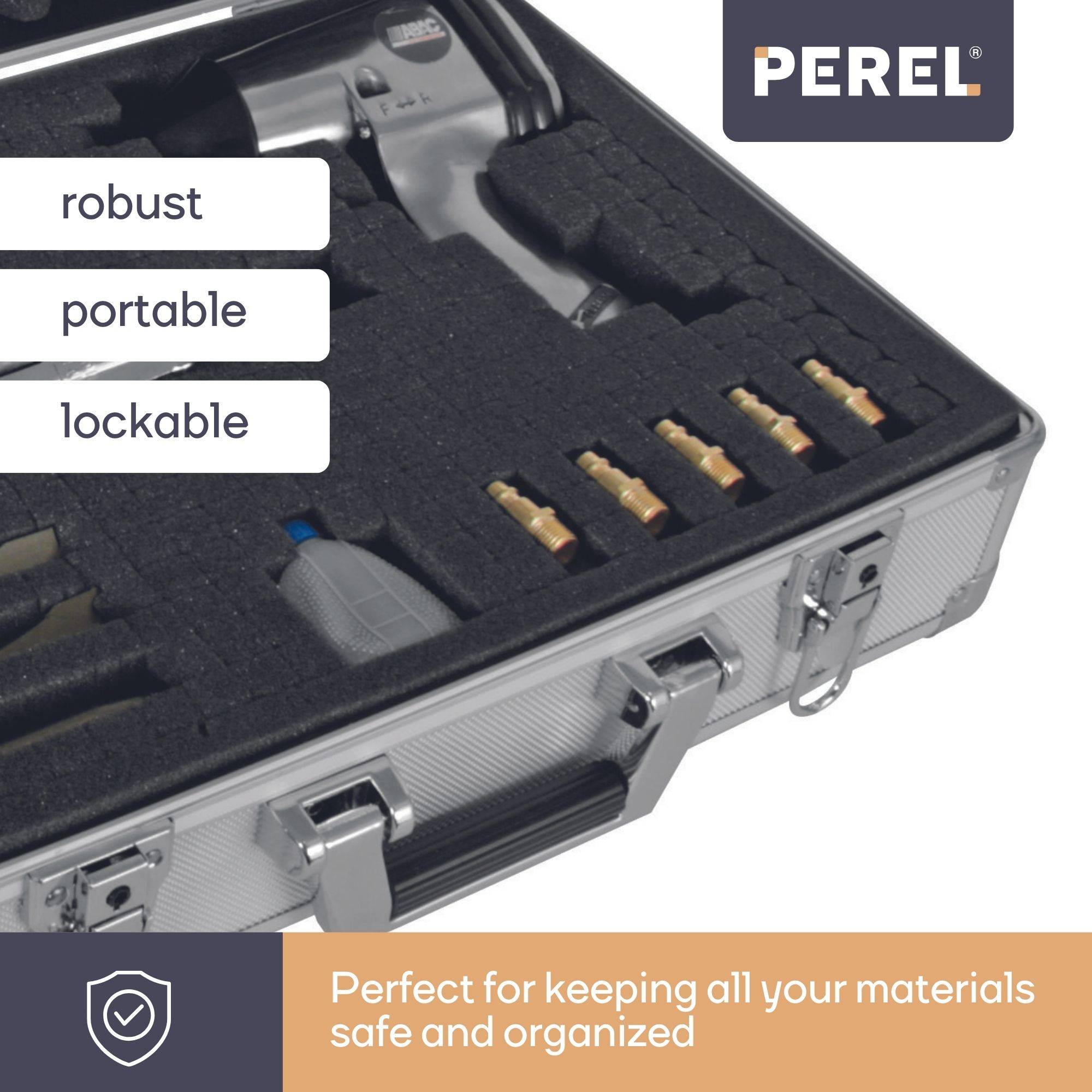 Perel Werkzeugkoffer mit Schlüsselschloss, 2 Schlüssel, Aluminium, Grau, 455 x 330 x 152 mm