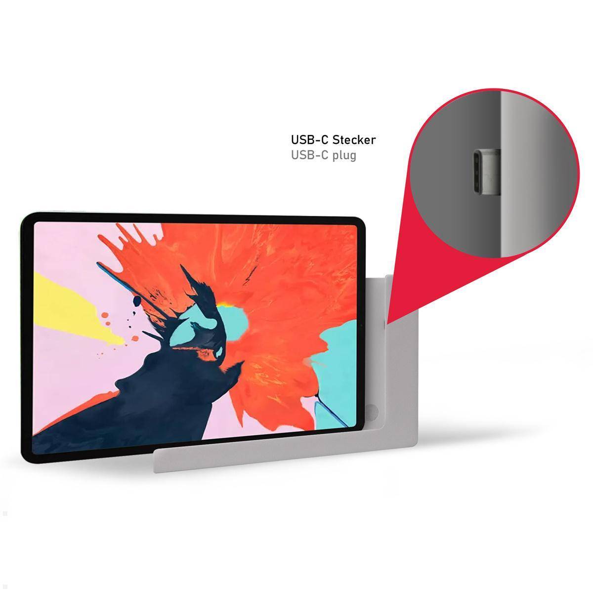 Ein Tablet mit einem bunten abstrakten Design auf dem Bildschirm, das seinen USB-C-Anschluss mit einer vergrößerten Ansicht auf der rechten Seite hervorhebt.