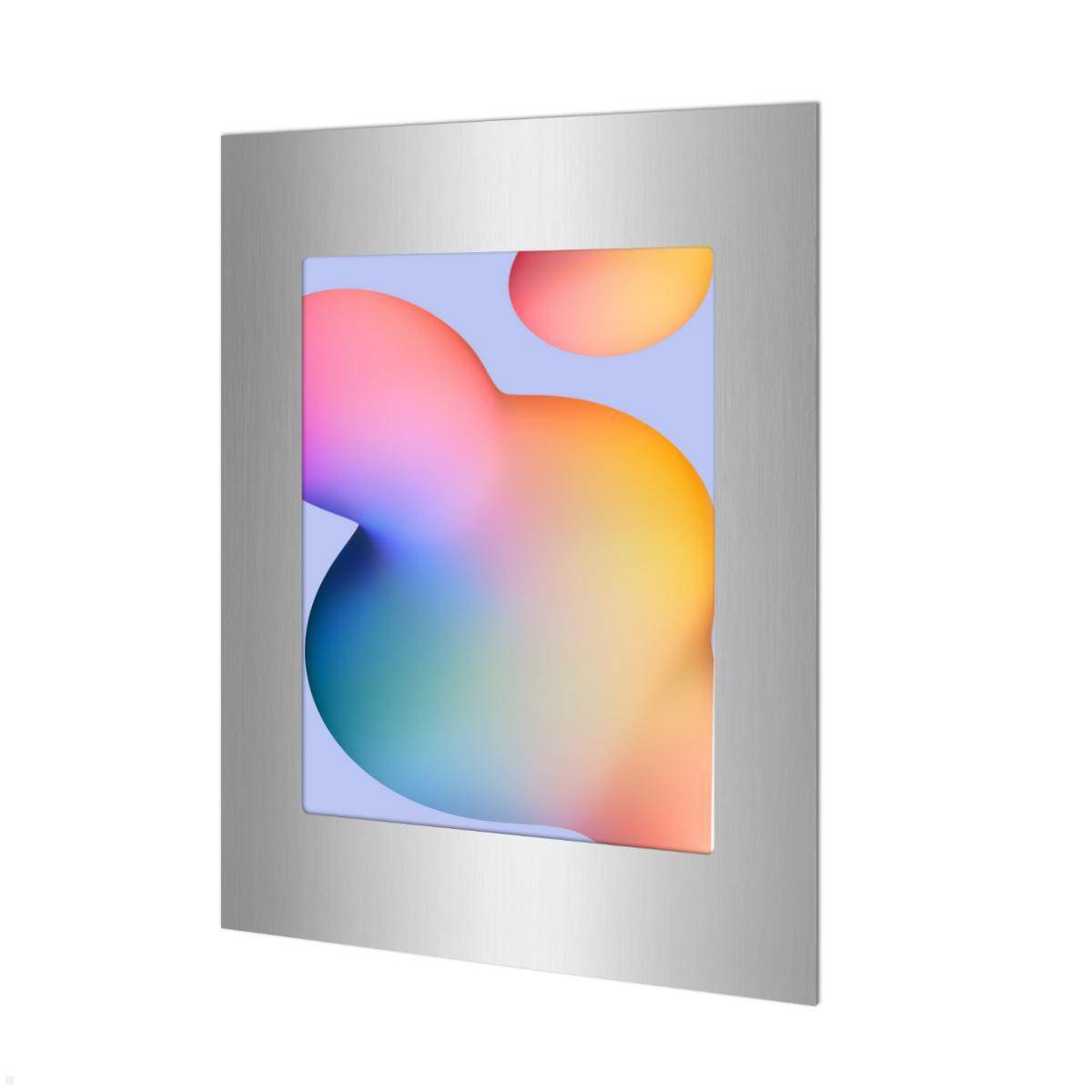 Ein digitaler Kunstrahmen zeigt abstrakte, farbenfrohe Formen in einer Mischung aus rosa, blau und orangefarbenen Tönen, mit einem modernen metallischen Rahmen.