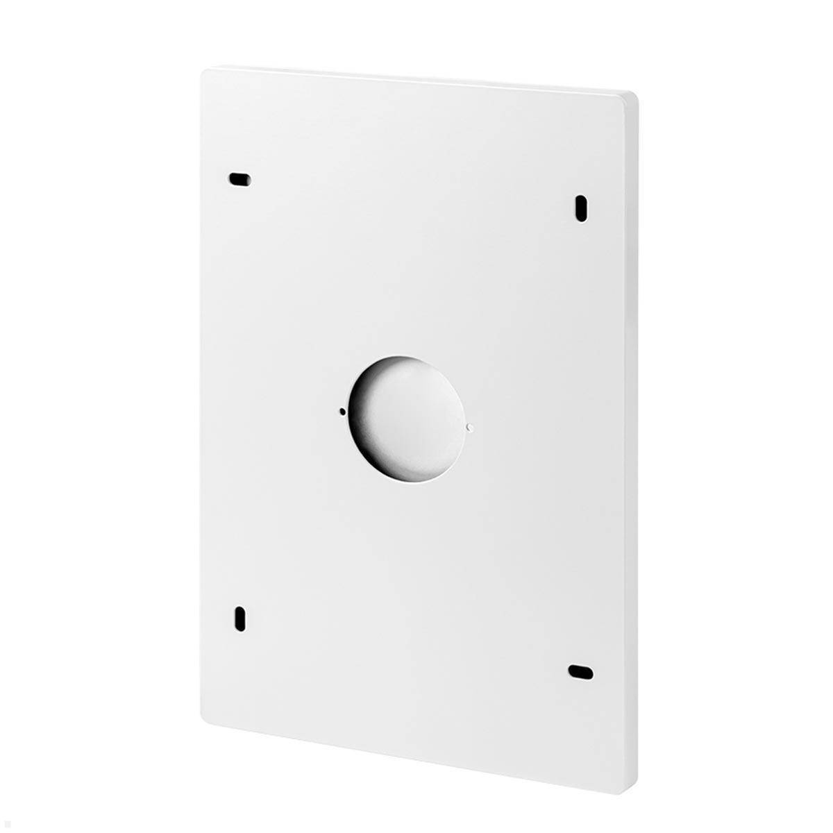 Eine weiße rechteckige Montageplatine mit einem zentralen runden Loch und vier länglichen Schlitzen an den Ecken.