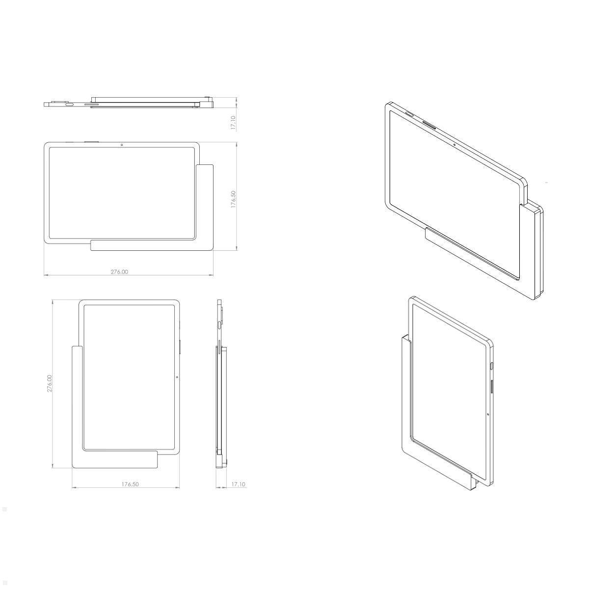 Technische Zeichnung eines Tablet-Geräts mit Maßangaben. Enthält Vorder-, Seiten- und isometrische Ansichten mit Messungen und Winkeln.