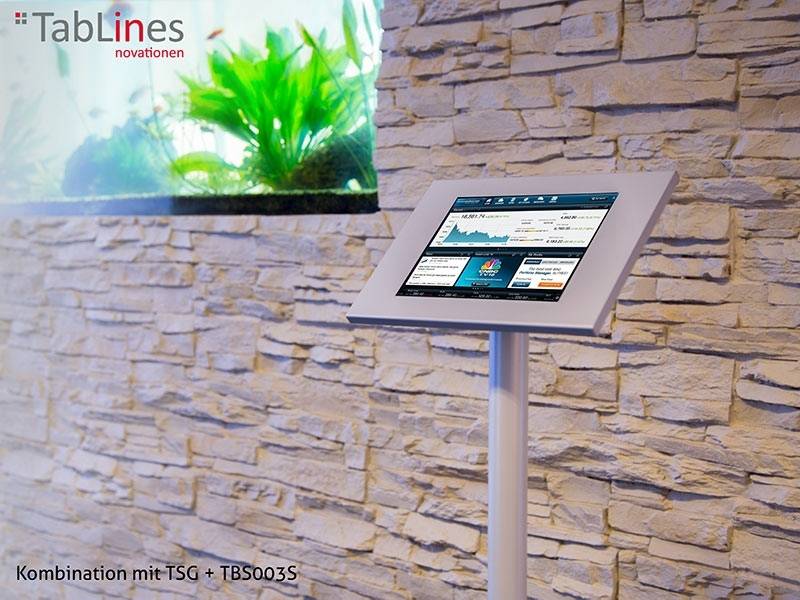 Ein Touchscreen-Kiosk mit einer Softwareoberfläche steht vor einer Steinmauer mit einer grünen Pflanze in der Nähe.