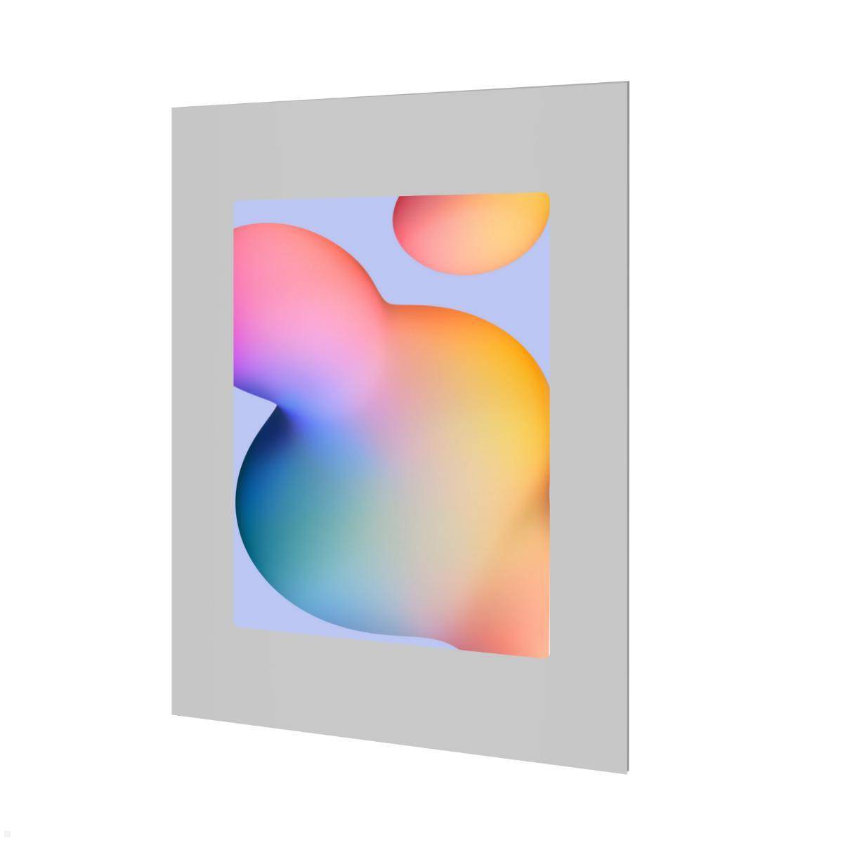 Abstrakte Kunst mit sich überschneidenden Verläufen in Rosa, Blau und Orange auf einem grauen Hintergrund.