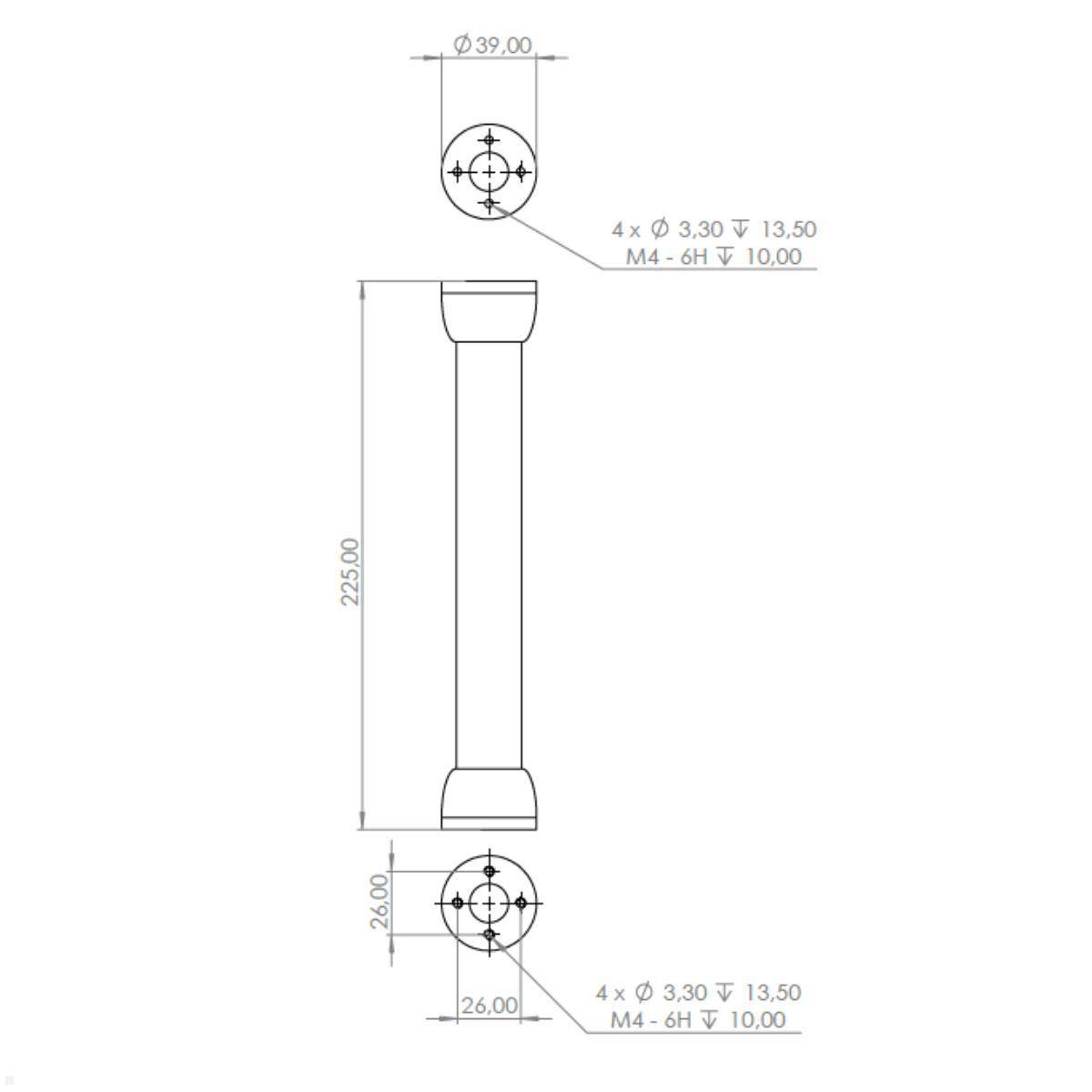 Technische Zeichnung einer zylindrischen Komponente, 225 mm Höhe, 39 mm Durchmesser, mit Maßangaben für Löcher oben und unten.