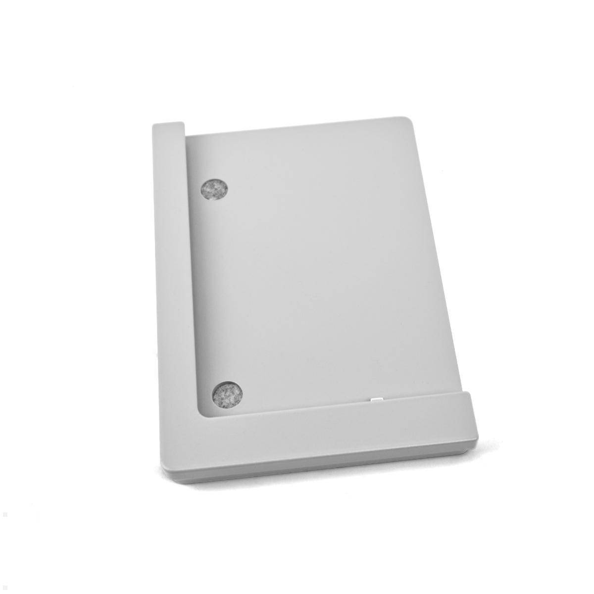 Eine schlichte, minimalistische silberne Halterung mit zwei sichtbaren Schrauben, entwickelt für eine sichere Wand- oder Oberflächenmontage.