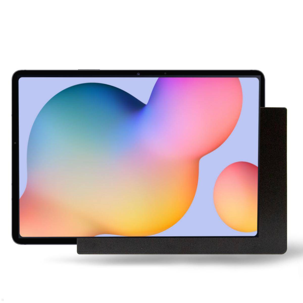 Eine schwarze Tablette, die ein buntes abstraktes Design mit Farbverlaufskugeln auf einem blauen Hintergrund zeigt.