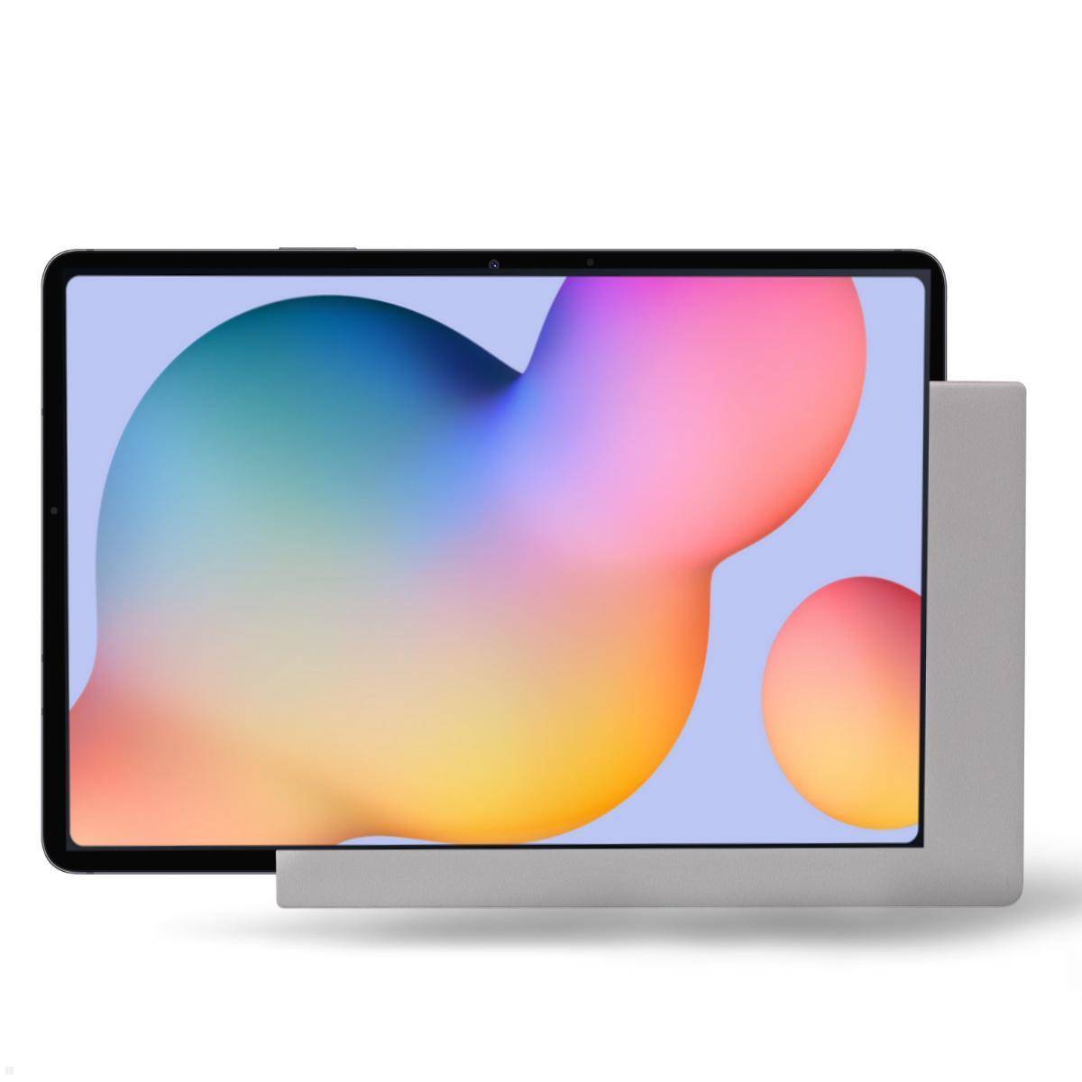 Ein modernes Tablet mit einem schwarzen Bildschirmrand zeigt abstrakte, farbenfrohe Formen auf dem Bildschirm. Es wird von einem grauen Ständer gestützt.