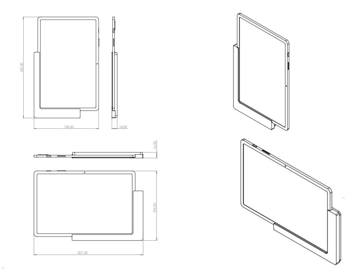 Technische Zeichnung eines elektronischen Geräts, die mehrere Ansichten einschließlich Vorder-, Seiten- und 3D-Perspektive mit Maßangaben zeigt.