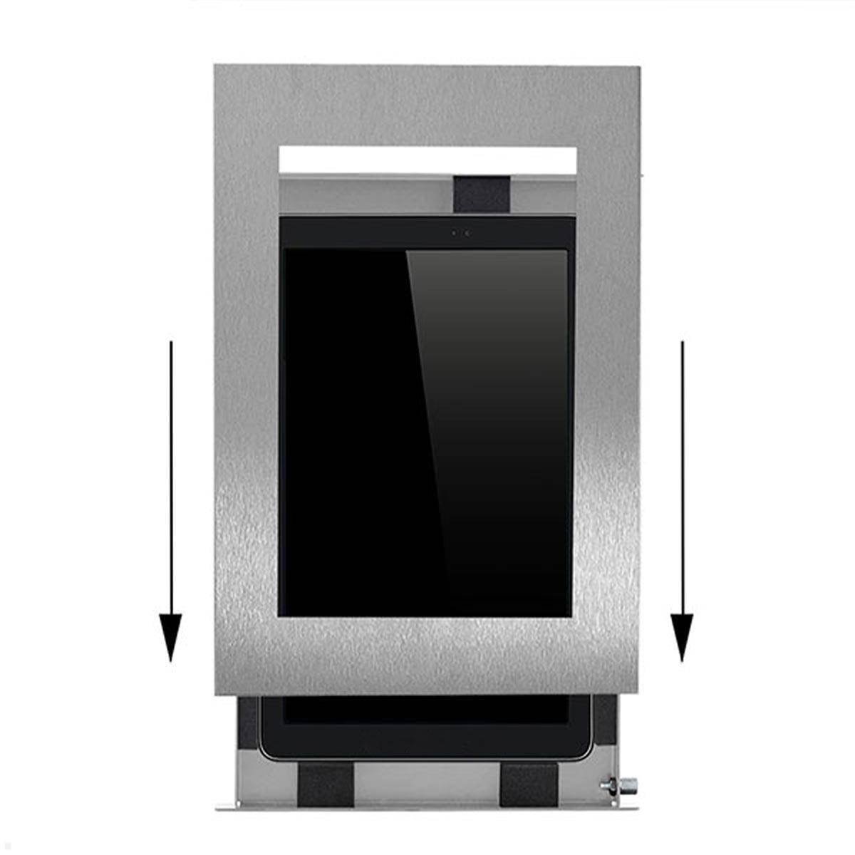 iPad Pro Lift' ist eine Halterungslösung mit einer beweglichen Frontplatte, die durch einen Verschließmechanismus gesichert wird und darauf ausgelegt ist, ein iPad Pro zu verbergen und zugänglich zu machen.