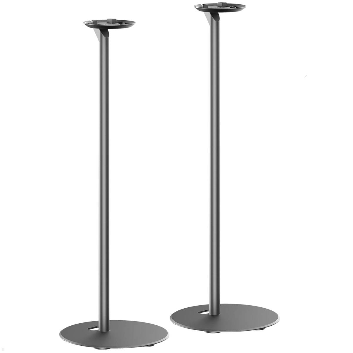 Zwei schwarze Lautsprecherständer mit runden Basen und verstellbaren Höhen, konzipiert für die Unterstützung kleiner Lautsprecher zur Verbesserung der Audiopositionierung.
