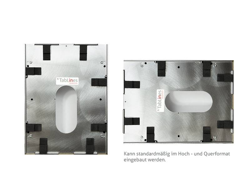 Metall-Wandhalterung für Tablets mit einem sicheren Halter, in vertikaler und horizontaler Ausrichtung dargestellt. Geeignet für standardmäßige Installation.