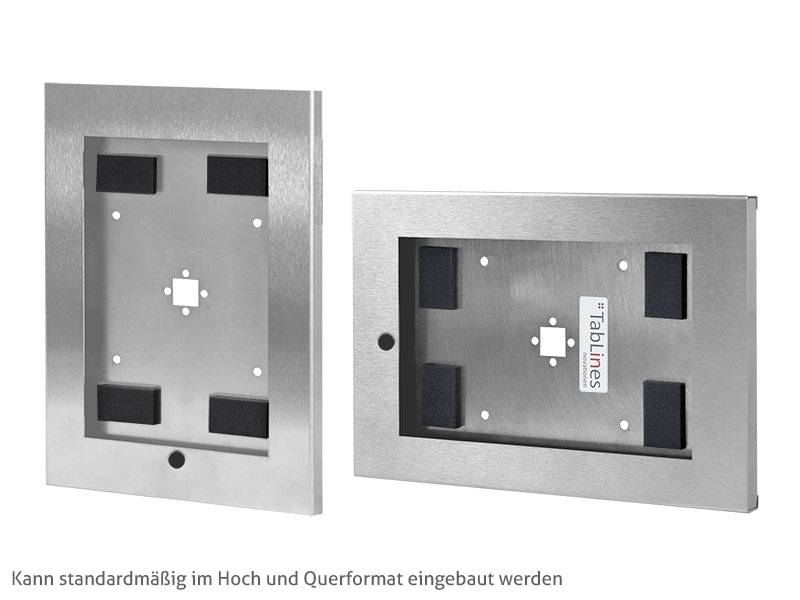 Zwei rechteckige silberne Rahmen mit Montageschlitzen, vertikal und horizontal ausgerichtet, mit der Bezeichnung 