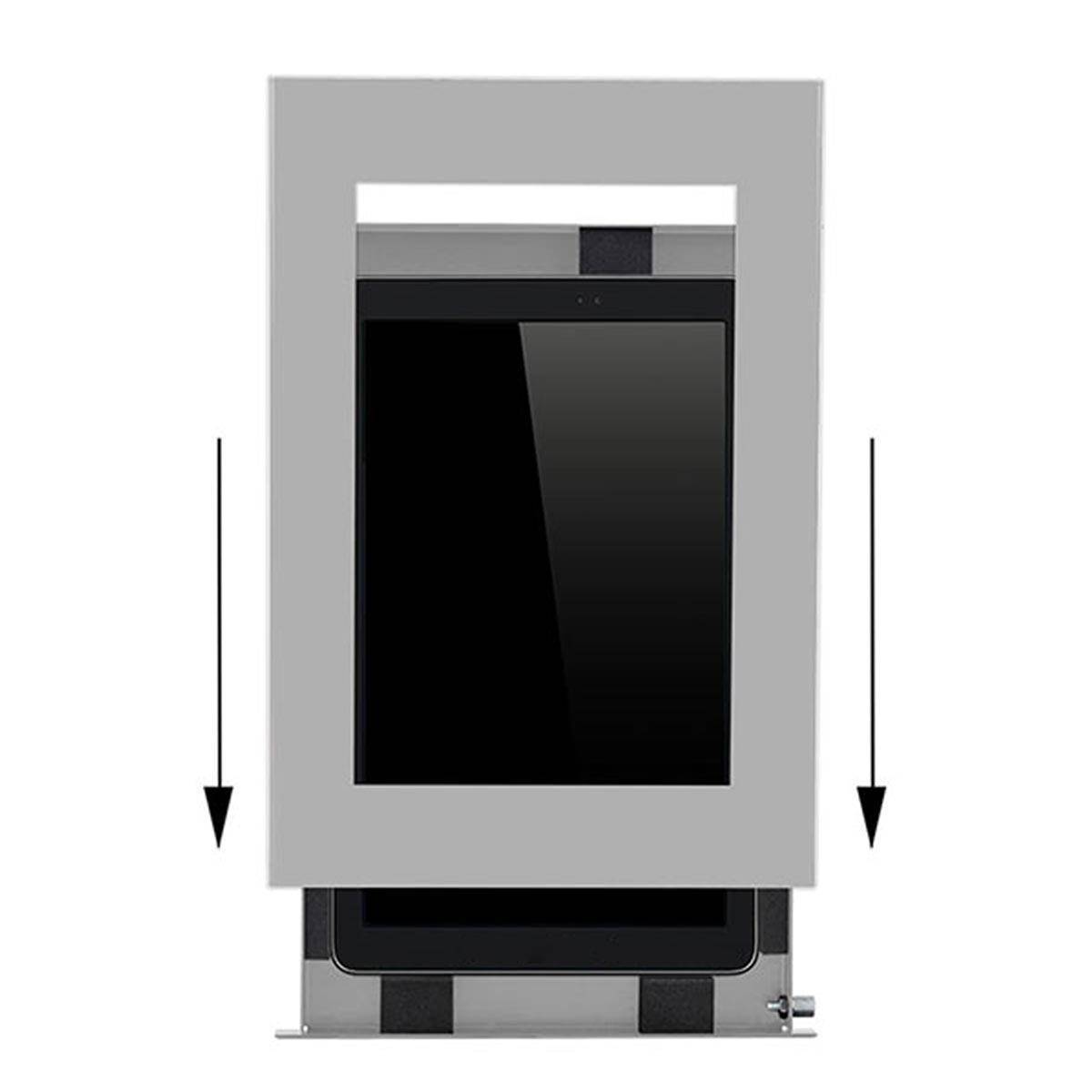 Ein geschlossener Monitor mit einem Schutzrahmen, der Pfeile zur Anzeige einer verstellbaren Gleitbewegung für Höheneinstellungen aufweist.