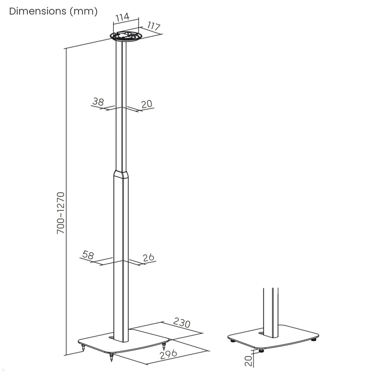 Standabmessungen in Millimetern: Höhe 700-1270, obere Breite 114, Basisbreite 230 x 296, Rohrdurchmesser 38 und 58.