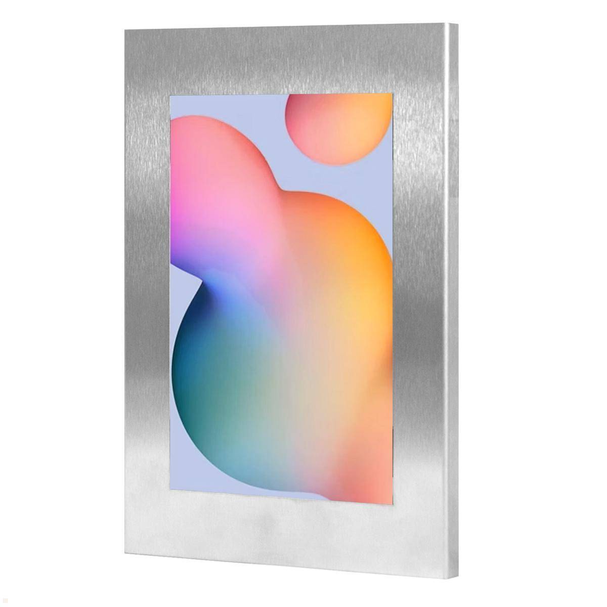 Abstrakte Kunst mit farbenfrohen, überlappenden Kugeln in Rosa, Orange und Blau, ausgestellt in einem eleganten silbernen Rahmen.