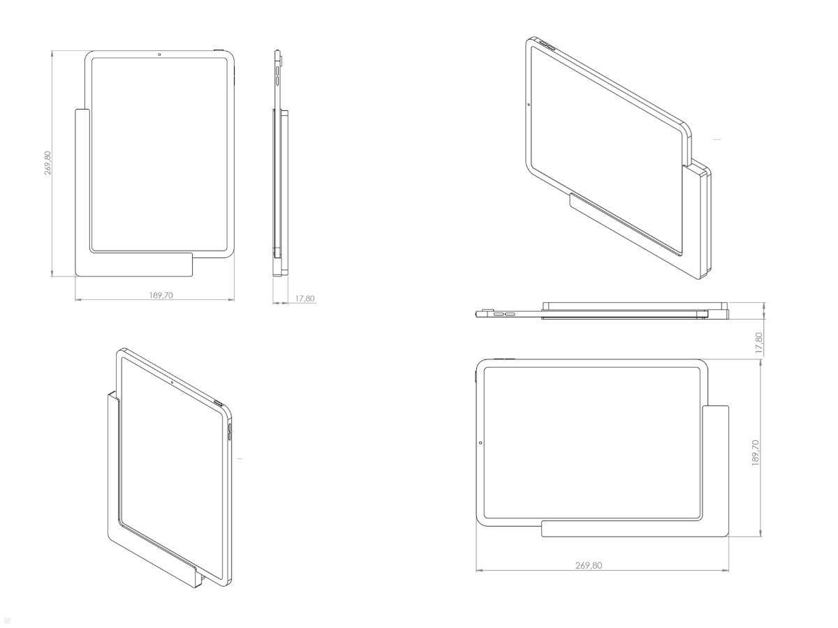 Technische Zeichnungen eines rechteckigen Geräts mit Maßangaben. Ansichten umfassen Vorder-, Seiten-, Drauf- und Perspektivansicht.