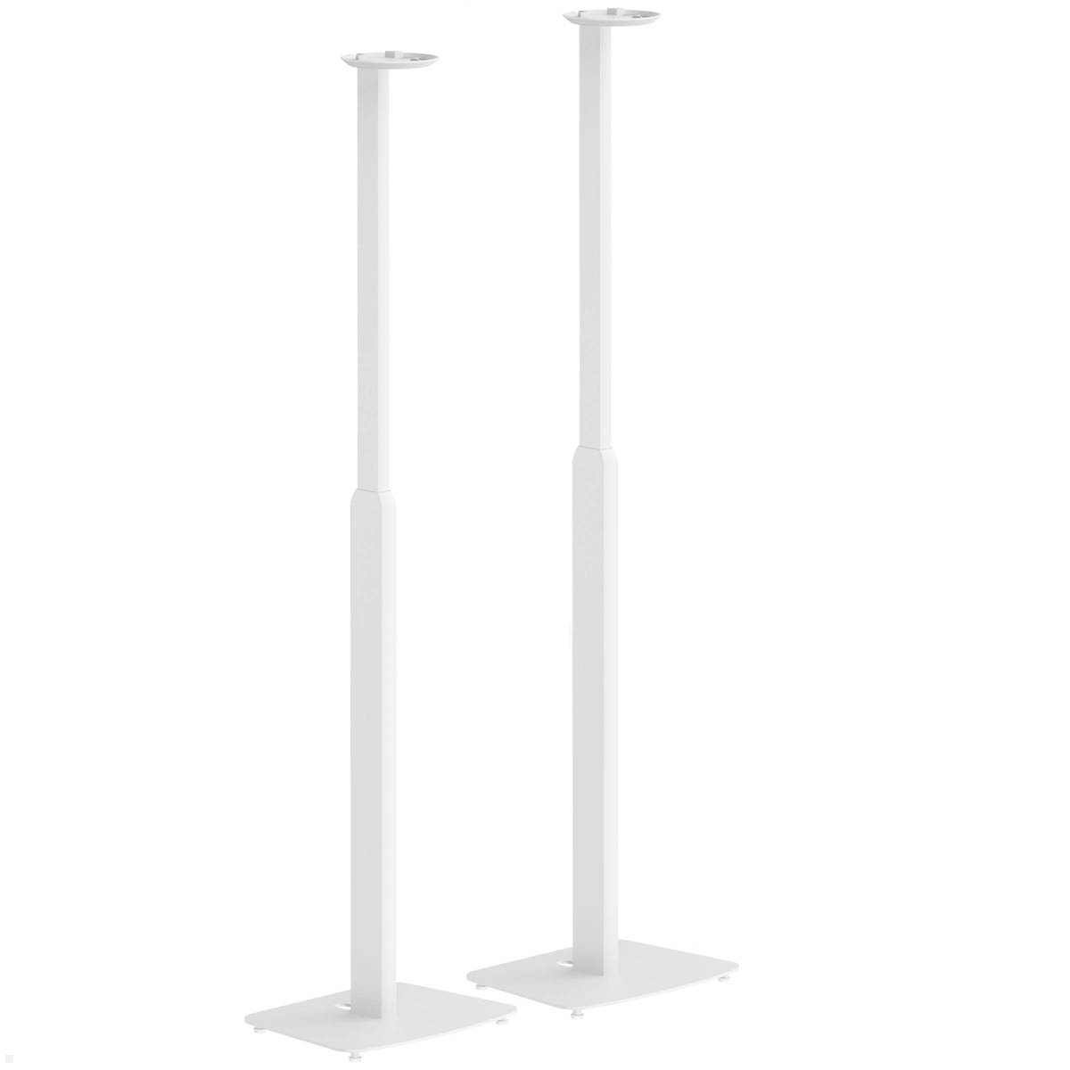 Zwei weiße, verstellbare Metallstative mit quadratischen Basen und kreisförmigen Oberflächen, die zum Tragen von Lautsprechern oder ähnlicher Ausrüstung konzipiert sind.