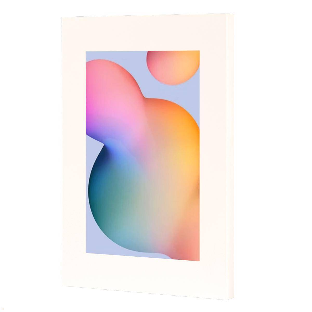 Abstraktes Kunstwerk mit sich überlappenden farbenfrohen Verläufen in Rosa-, Blau- und Orangetönen auf einer rechteckigen Leinwand mit hellem Hintergrund.