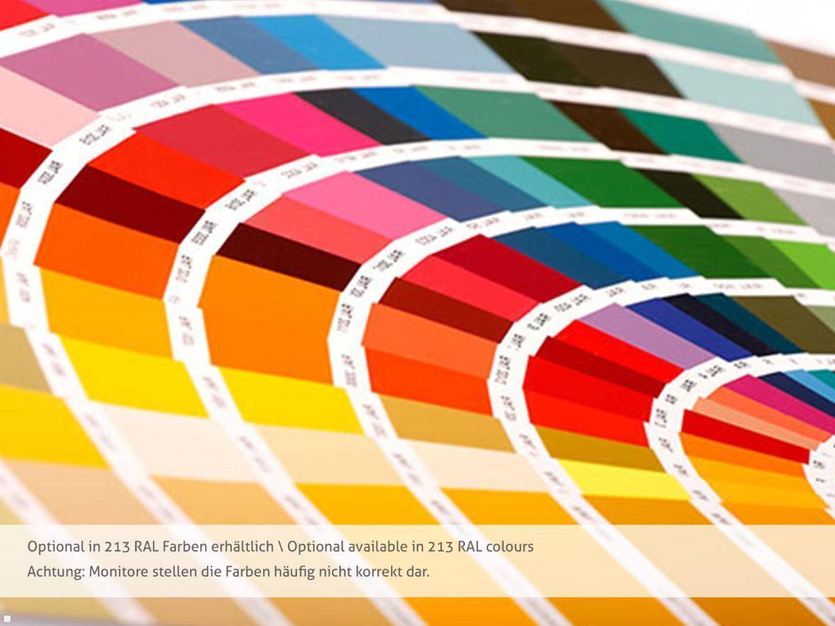 Eine Auswahl farbenfroher RAL-Farbmuster in verschiedenen Schattierungen, in Reihen angeordnet. Text: ‚Optional in 213 RAL-Farben erhältlich.