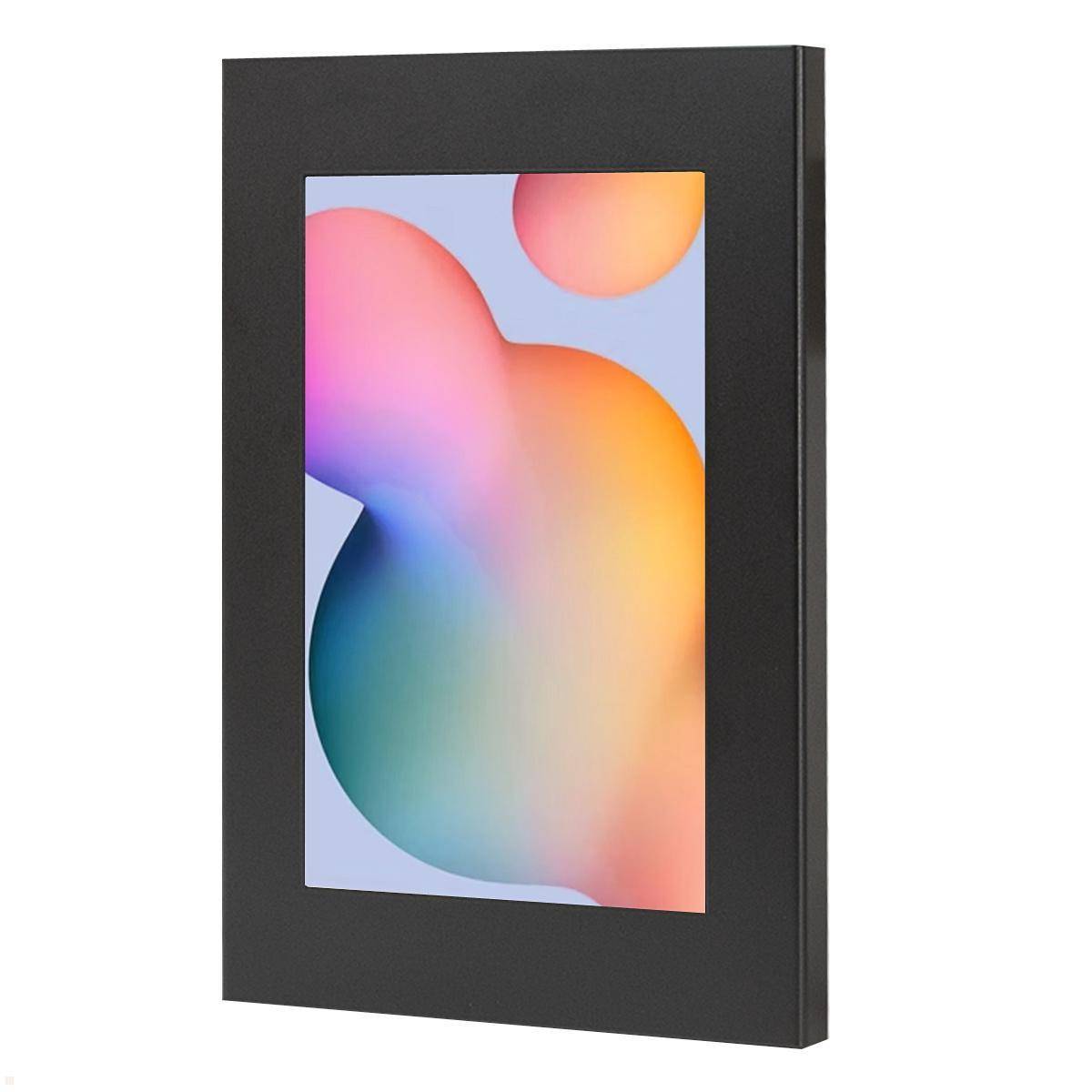 Ein schwarzer digitaler Bilderrahmen, der ein abstraktes Bild mit sich überlappenden farbigen Kreisen auf einem hellen Hintergrund zeigt.