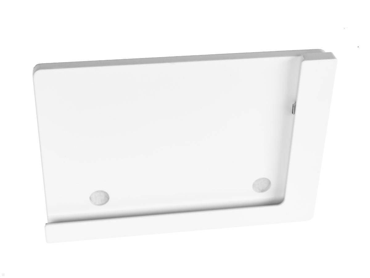 Ein weißes rechteckiges Tablett mit zwei kreisrunden Ablaufbohrungen, aus einem Blickwinkel betrachtet.