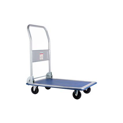 Blauer Plattformhandwagen mit vier Rädern und langem silbernem Griff, gezeigt auf weißem Hintergrund.