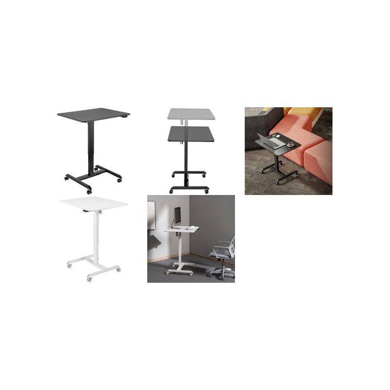 Höhenverstellbare rollbare Laptop-Tische in Schwarz, Grau und Weiß, in verschiedenen Umgebungen dargestellt. Ideal für flexible Arbeitsplatzkonfigurationen.