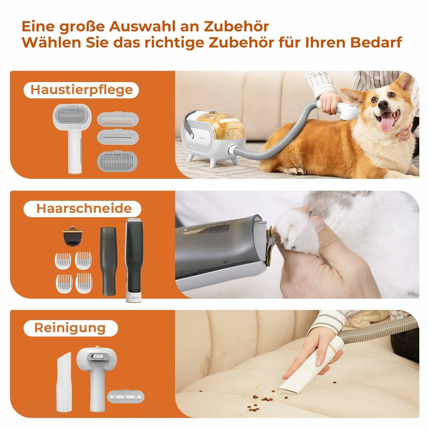 Katio Kadio Hundeschermaschine mit Tierhaar Staubsauger, Profi Haustierpflegeset mit 8 Tierpflegewerkzeugen Grau