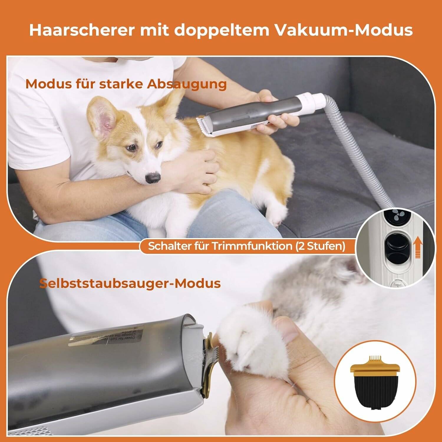 Katio Kadio Hundeschermaschine mit Tierhaar Staubsauger, Profi Haustierpflegeset mit 8 Tierpflegewerkzeugen Grau