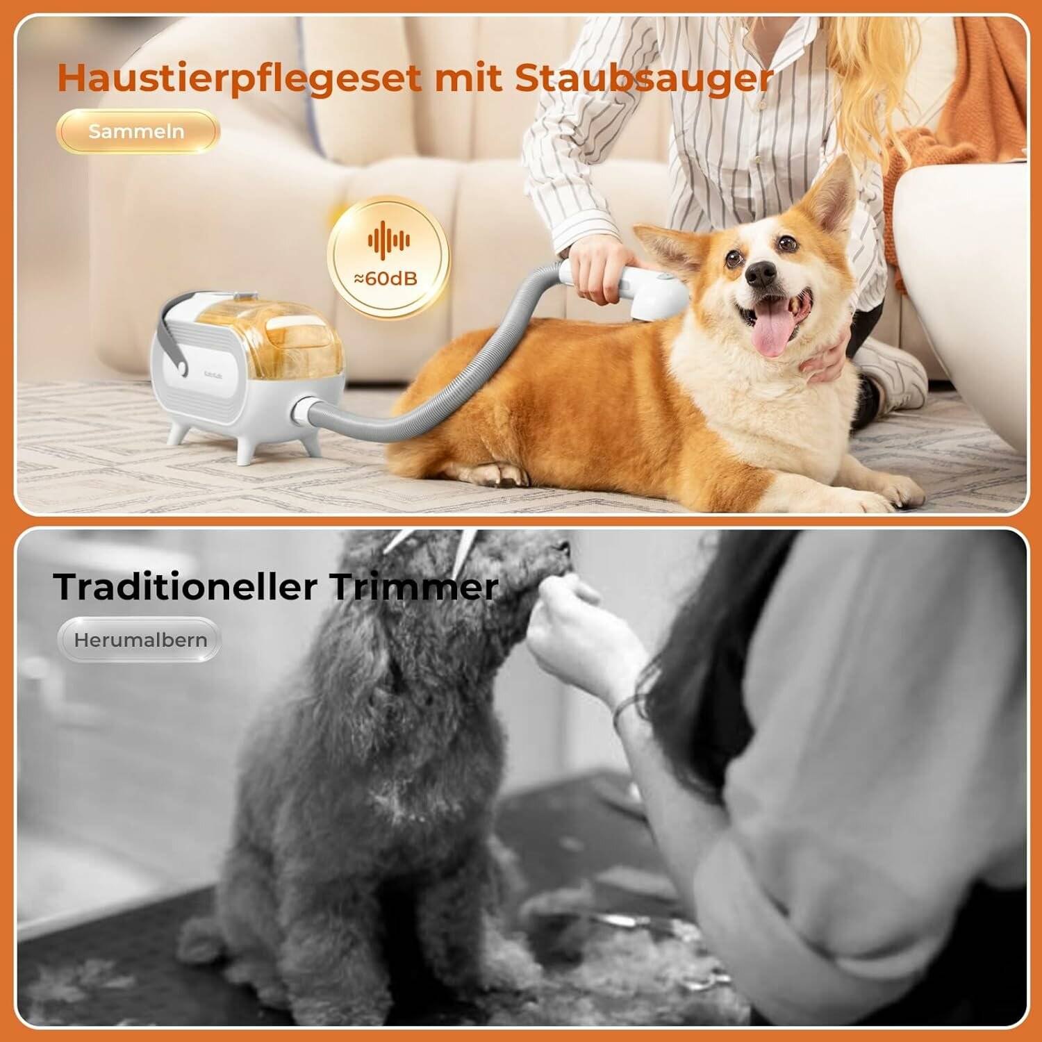 Katio Kadio Hundeschermaschine mit Tierhaar Staubsauger, Profi Haustierpflegeset mit 8 Tierpflegewerkzeugen Grau