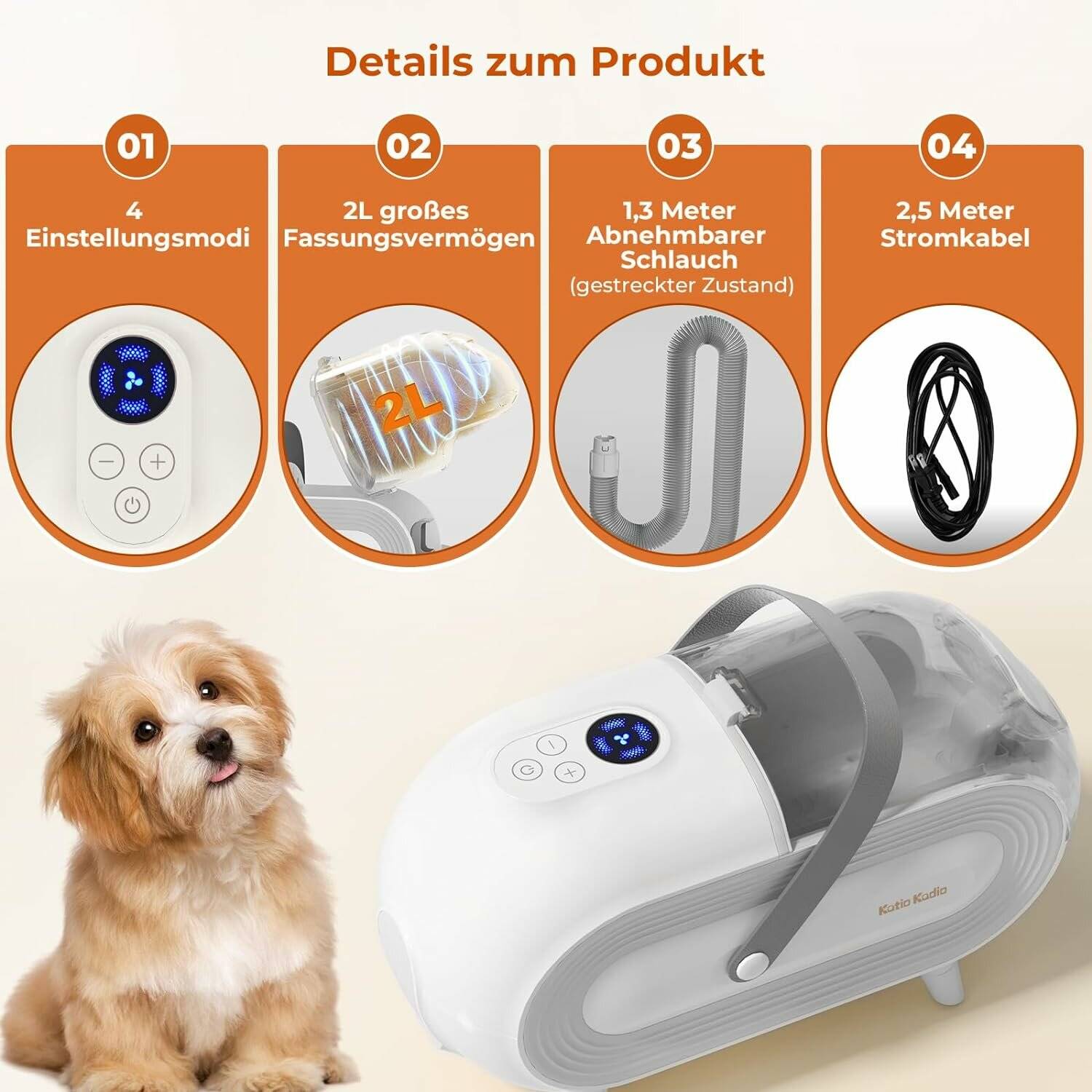 Katio Kadio Hundeschermaschine mit Tierhaar Staubsauger, Profi Haustierpflegeset mit 8 Tierpflegewerkzeugen Grau