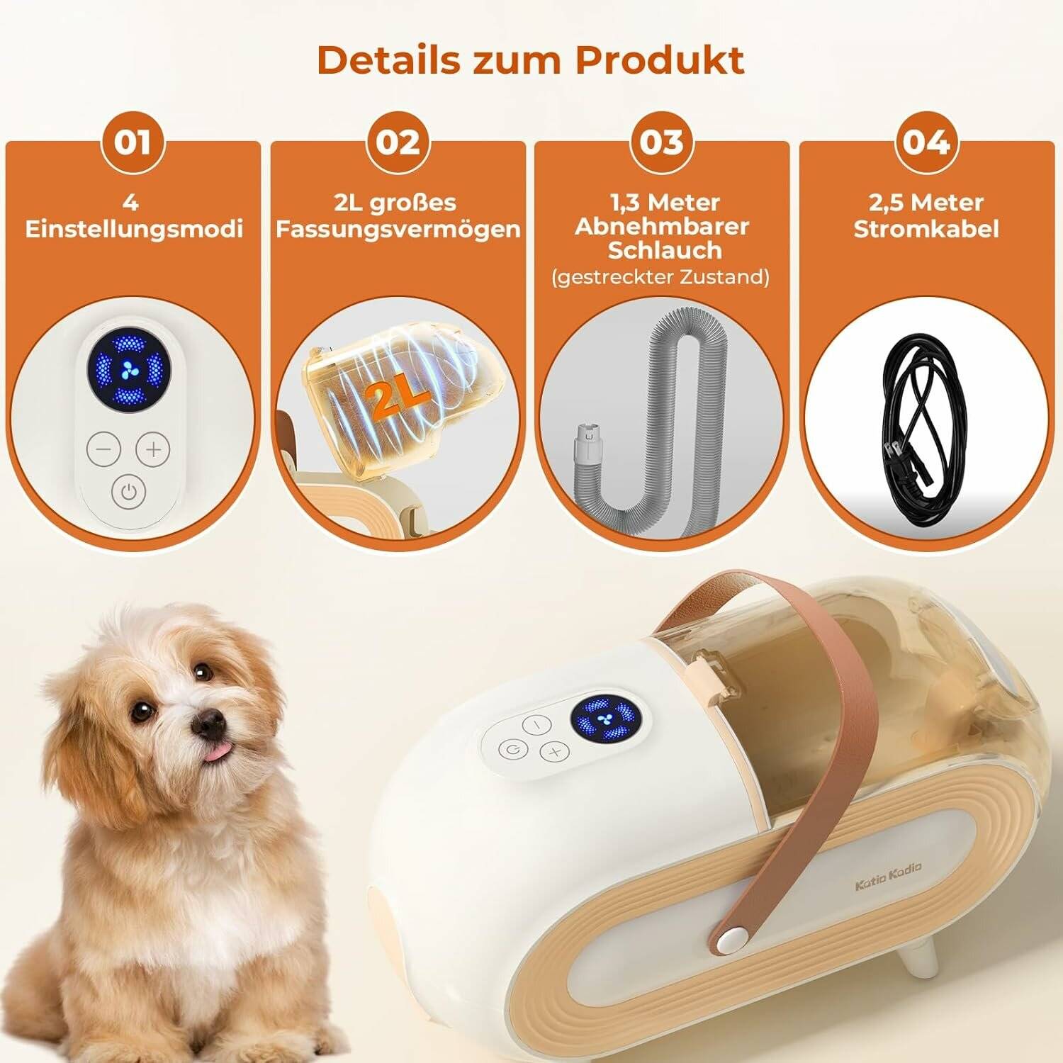 Katio Kadio Hundeschermaschine mit Tierhaar Staubsauger, Profi Haustierpflegeset mit 8 Tierpflegewerkzeugen Gelb