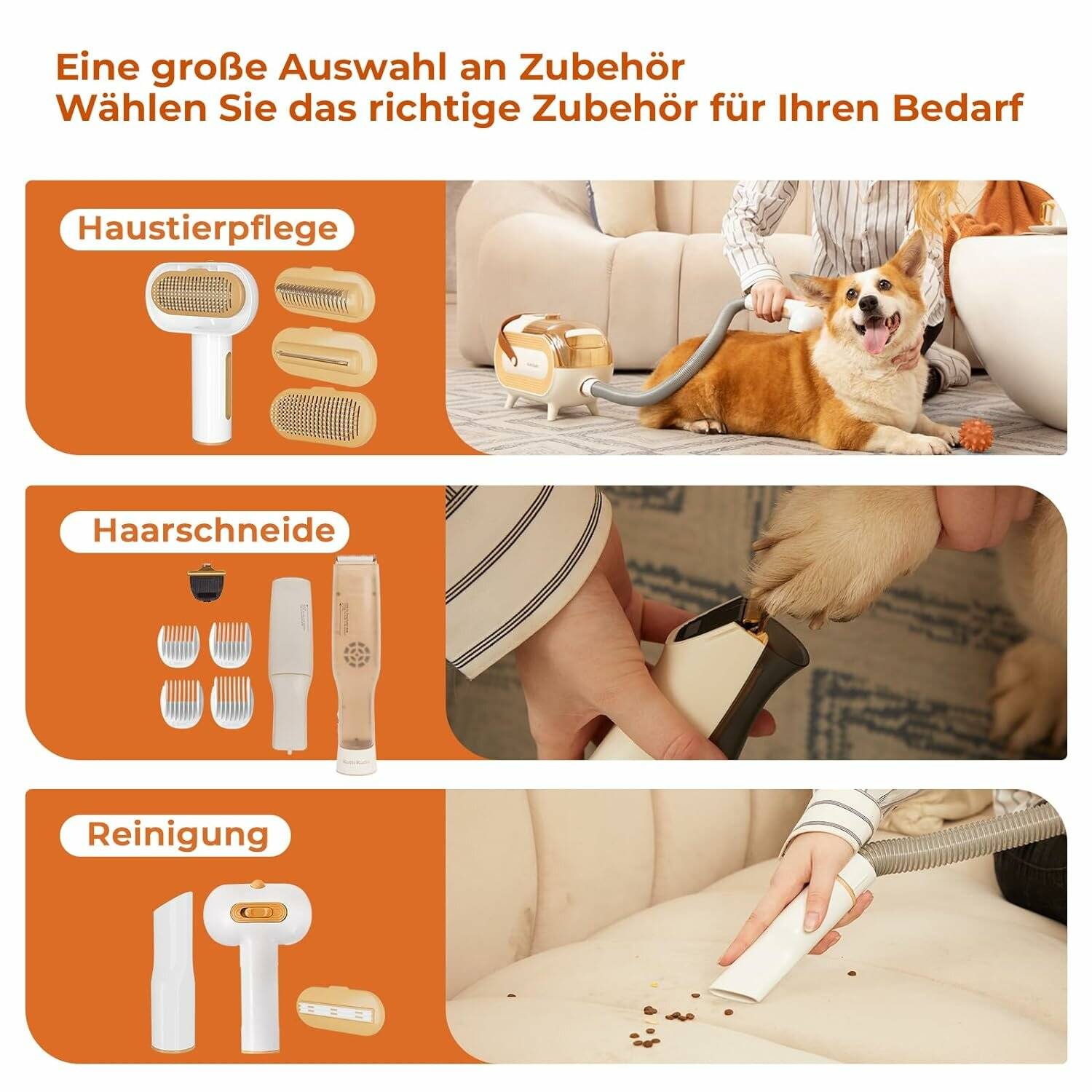 Katio Kadio Hundeschermaschine mit Tierhaar Staubsauger, Profi Haustierpflegeset mit 8 Tierpflegewerkzeugen Gelb