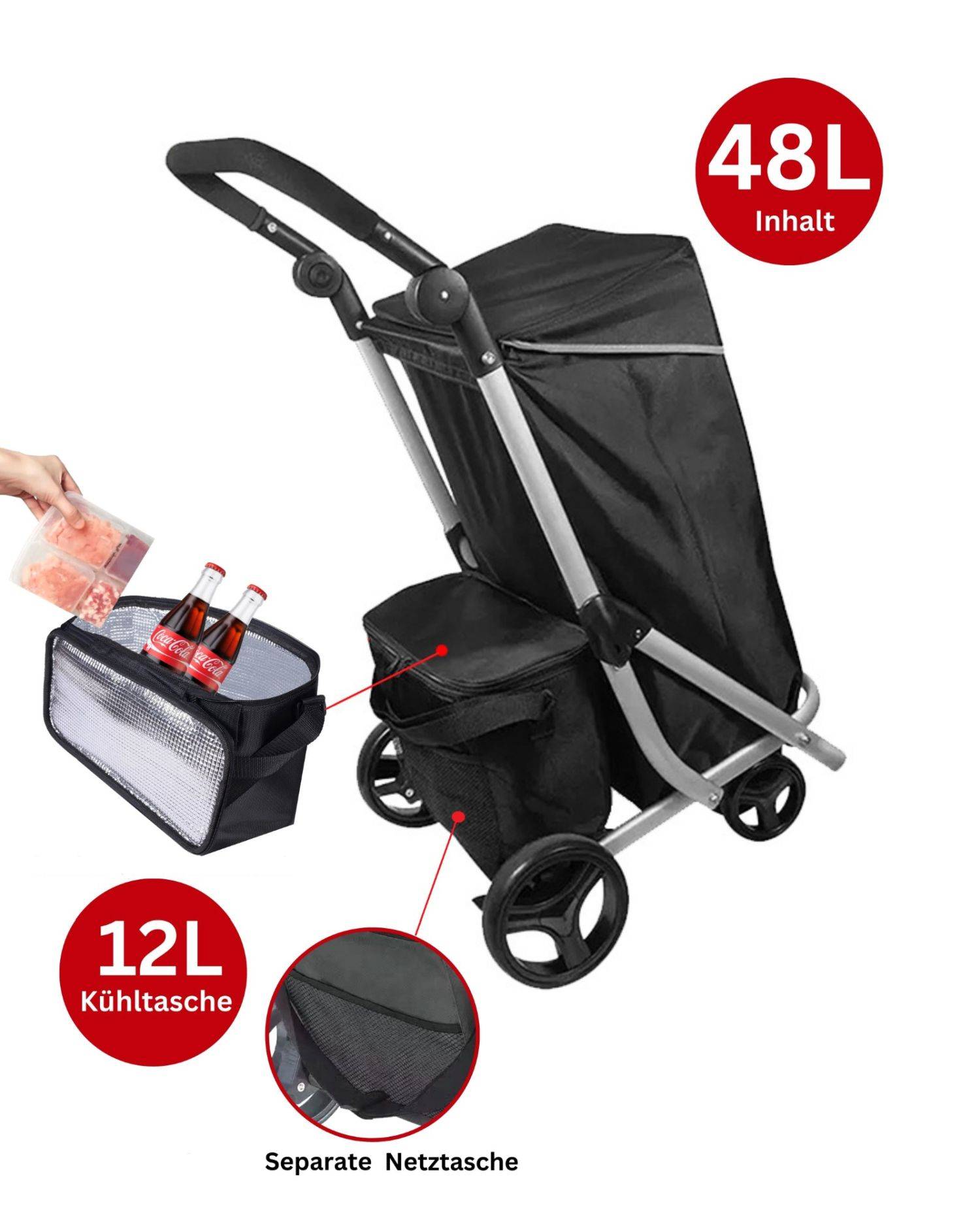 48 L Einkaufswagen + 12 L Kühltasche Einkauf Trolley Trolley Tasche Aluminium Stabil Groß