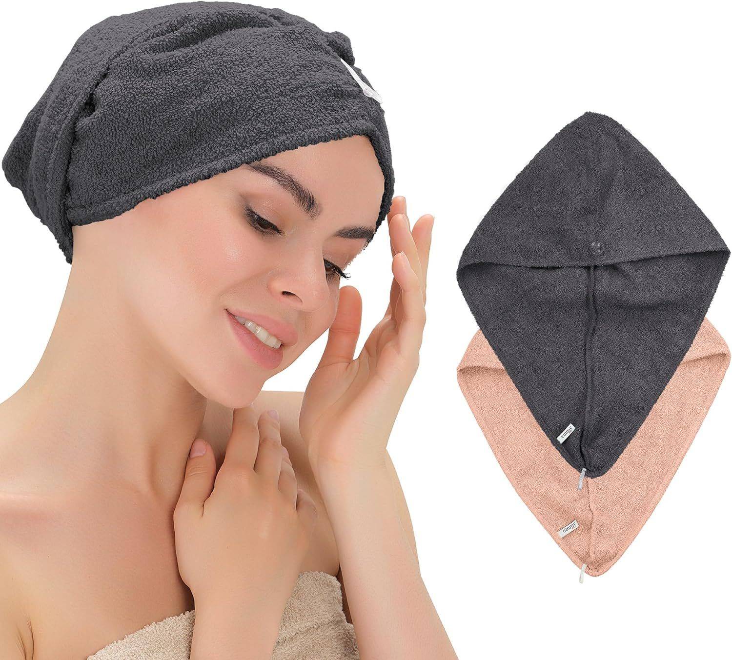 Emmy Home Haarturban, 100% Baumwolle 2 Stück Haartuch schnelltrocknend, Turban Handtuch mit Knopf Rosa-Anthrazit