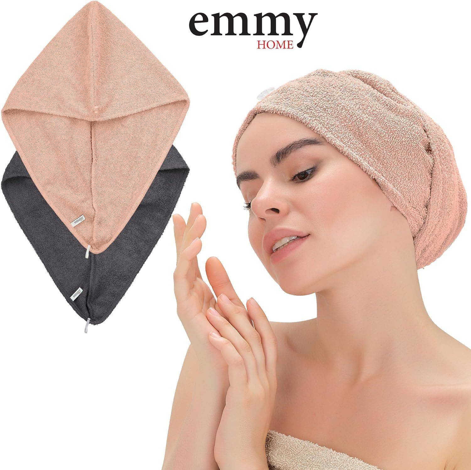 Emmy Home Haarturban, 100% Baumwolle 2 Stück Haartuch schnelltrocknend, Turban Handtuch mit Knopf Rosa-Anthrazit