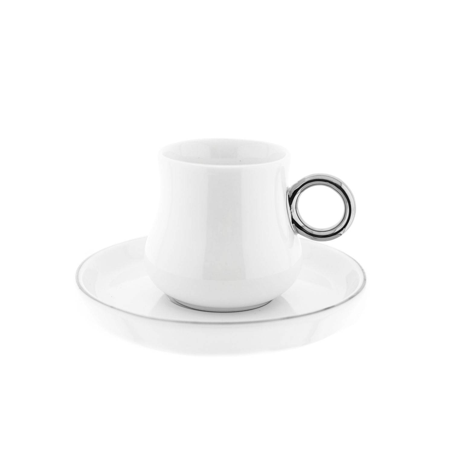 Mulex 12 Teiliger Set Mokkatassen mit Untertasse aus Porzellan Mokkaservice 100 ml Weiß/Silber