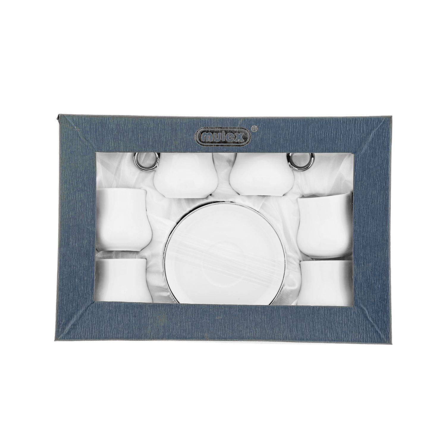 Mulex 12 Teiliger Set Mokkatassen mit Untertasse aus Porzellan Mokkaservice 100 ml Weiß/Silber