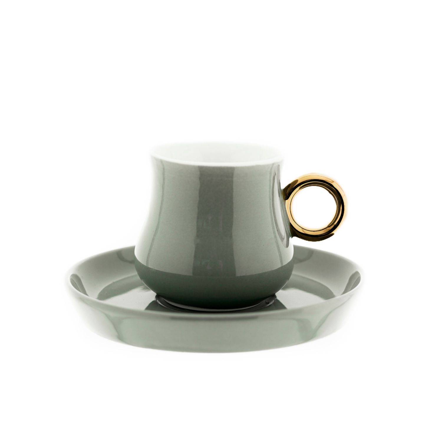 Mulex 12 Teiliger Set Mokkatassen mit Untertasse aus Porzellan Mokkaservice 100 ml Olivgrün/Gold