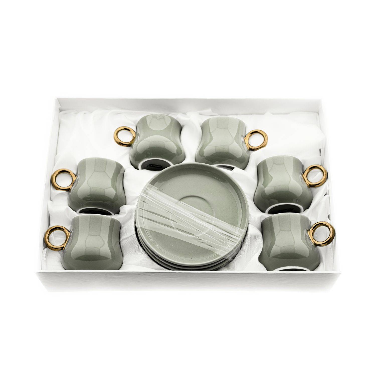 Mulex 12 Teiliger Set Mokkatassen mit Untertasse aus Porzellan Mokkaservice 100 ml Olivgrün/Gold