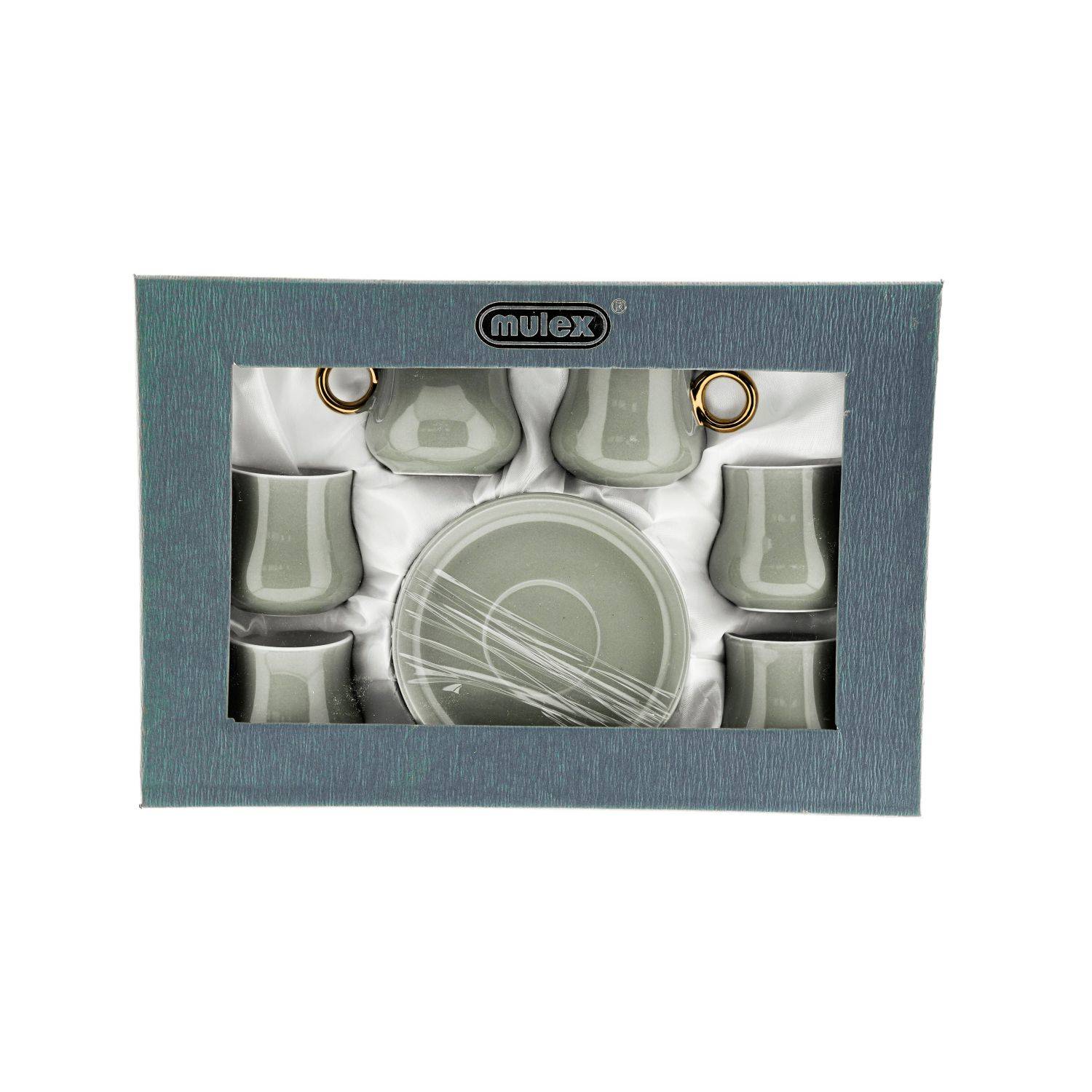 Mulex 12 Teiliger Set Mokkatassen mit Untertasse aus Porzellan Mokkaservice 100 ml Olivgrün/Gold