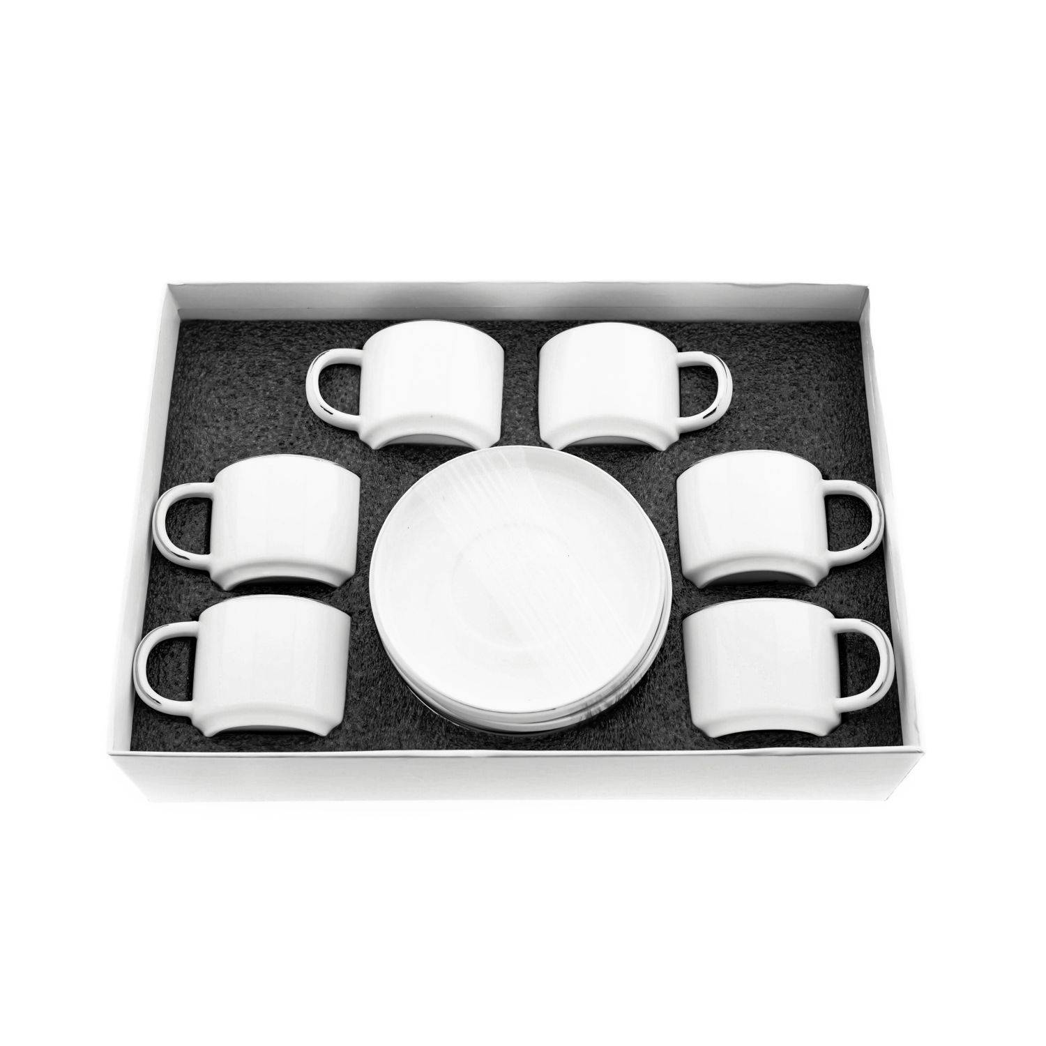 Mulex 12 Teilger Mokkatassen-Set mit Untertasse aus Porzellan Mokkaservice 100 ml Weiß/Silber