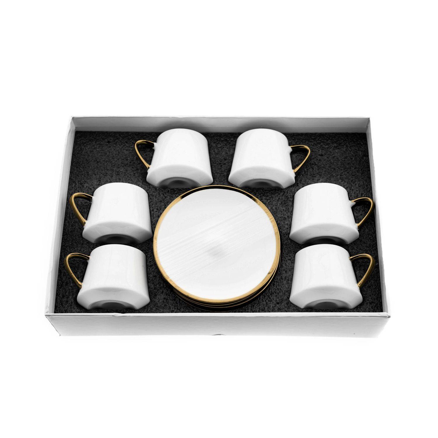 Mulex 12 Tlg. Set Mokkatassen mit Untertassen aus Porzellan Mokkaservice 100 ml Weiß/Gold