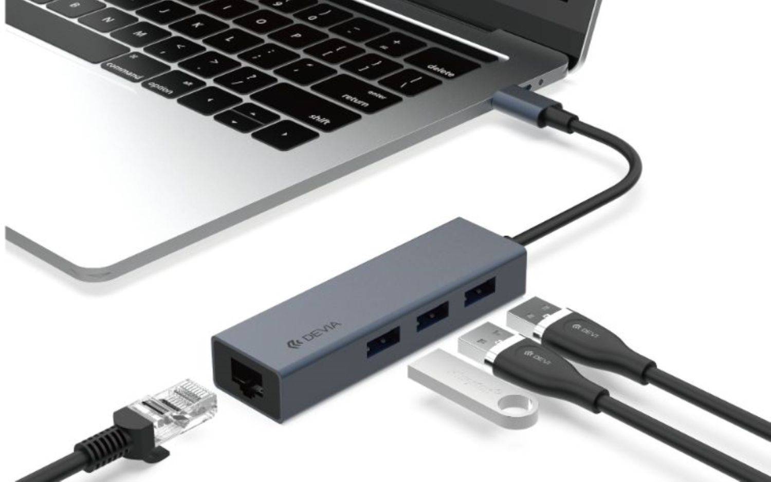 DEVIA USB TYP-C – USB 3.1 + RJ45 + 3XUSB 3.0 HUB/ADAPTER – DEVIA LEOPARD SERIES 5 IN 1 HUB – GRAU