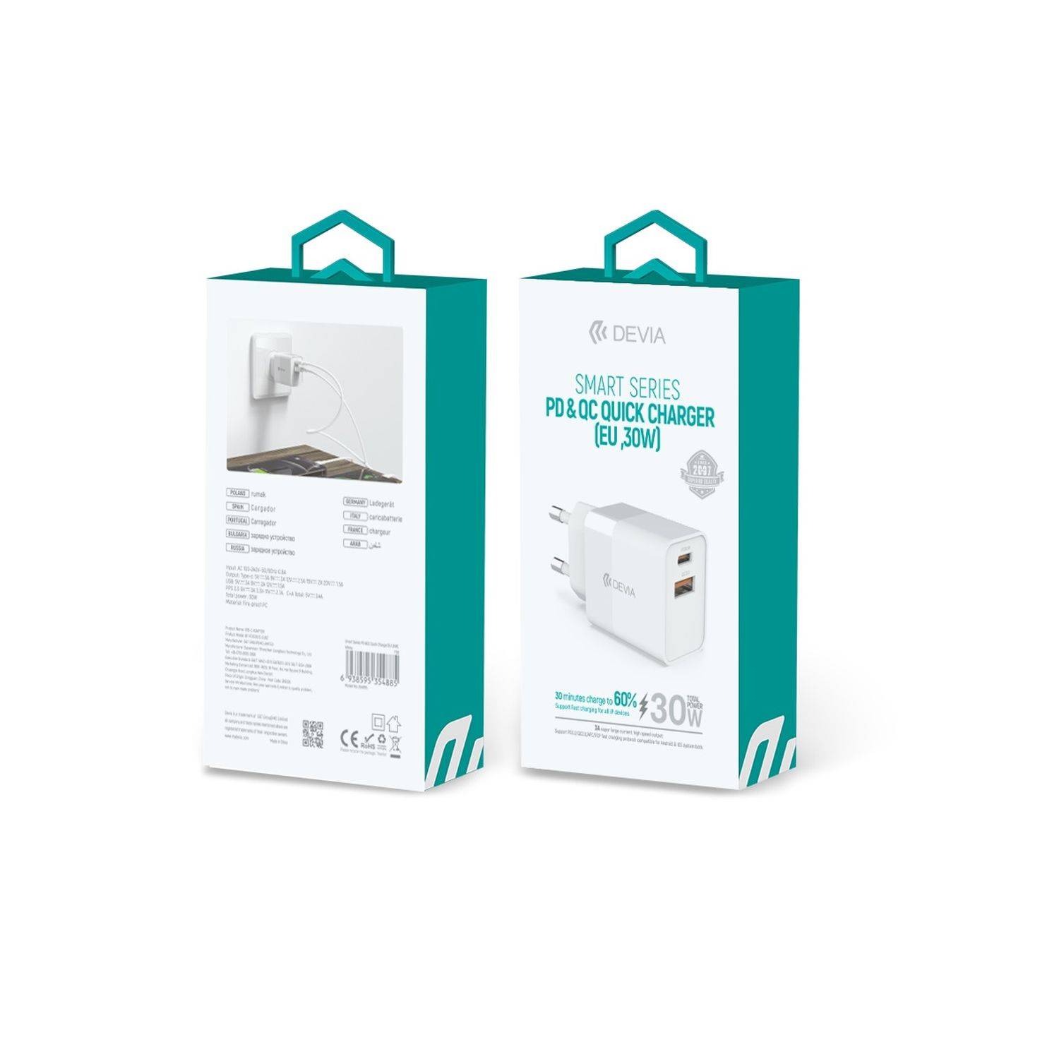 Devia Wandladegerät Smart PD 1x USB-C 1x USB 30W Schnellladegerät weiß
