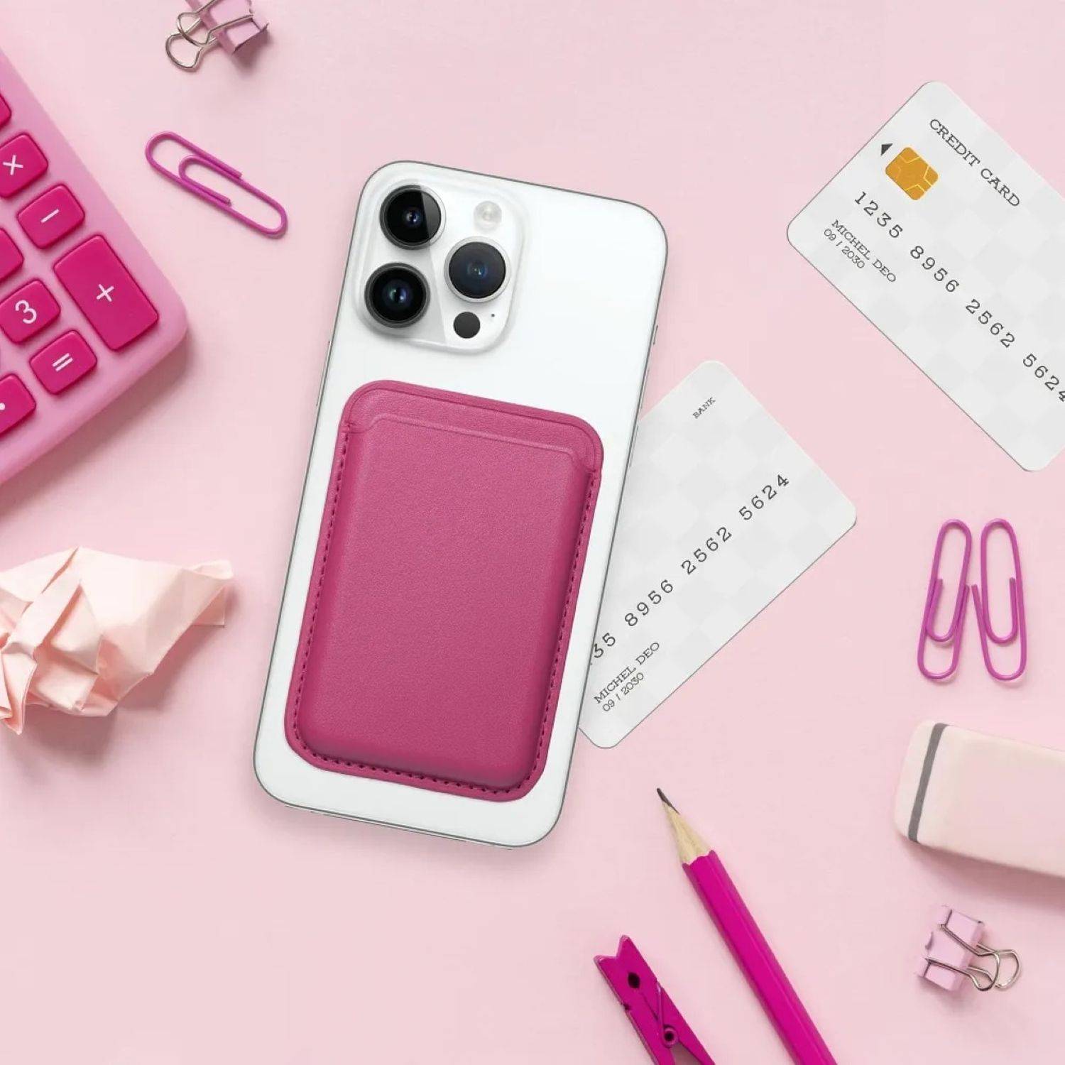 Magnetische Geldbörse aus Leder kompatibel mit Geräten ab iPhone 12 unterstützt MagSafe-Technologie Pink